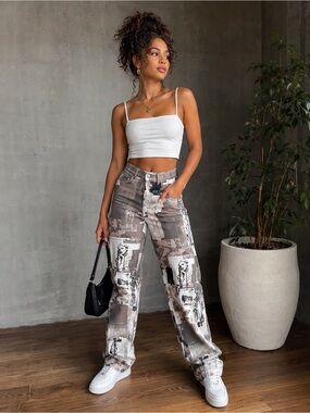 BDG White and Gray Wide-Leg Patchwork Pants